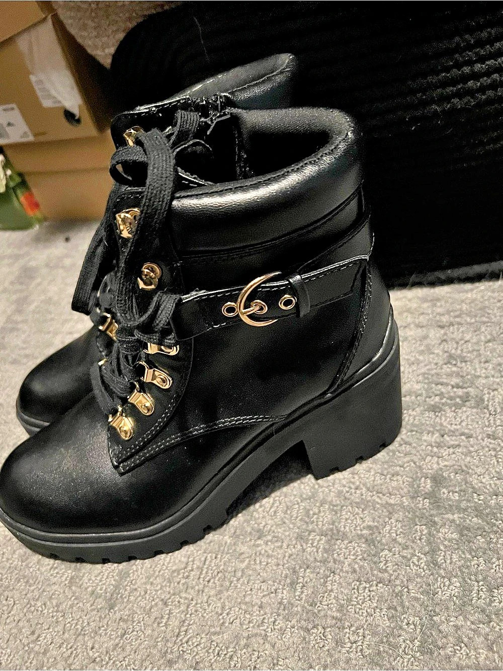 Black Combat Boots Gold-Tone Hardware  New - Picture 4 of 5